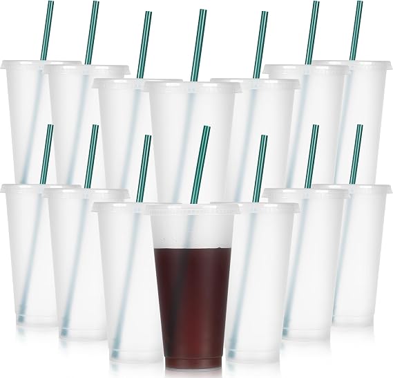 Bokon 15 Sets Reusable Plastic Cups with Lids and Straws, Clear