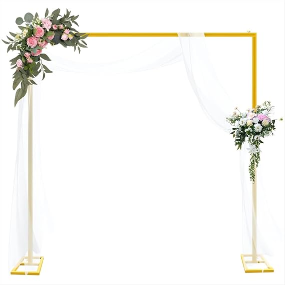 8FT Adjustable Wedding Arch Backdrop Stand, Gold Square Back Drop Adjustable Stand Metal Arch Backdrop Stand Kit Frame for Party Wedding Birthday Photobooth Decorations