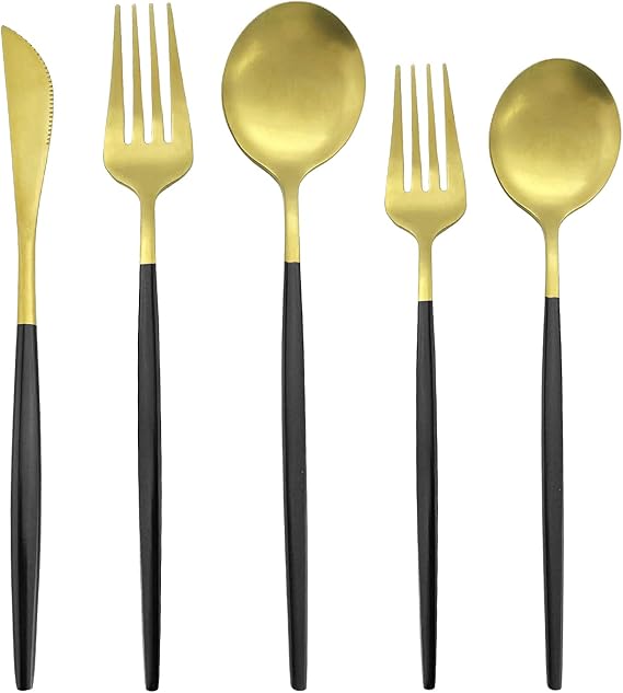 Matte Gold Silverware Set, 30-Piece 18/8 Stainless Steel Flatware Sets for 6, Flat Style Tableware Satin Cutlery Set for Home and Restaurant, Hand Wash Recommended (Black Handle Gold)