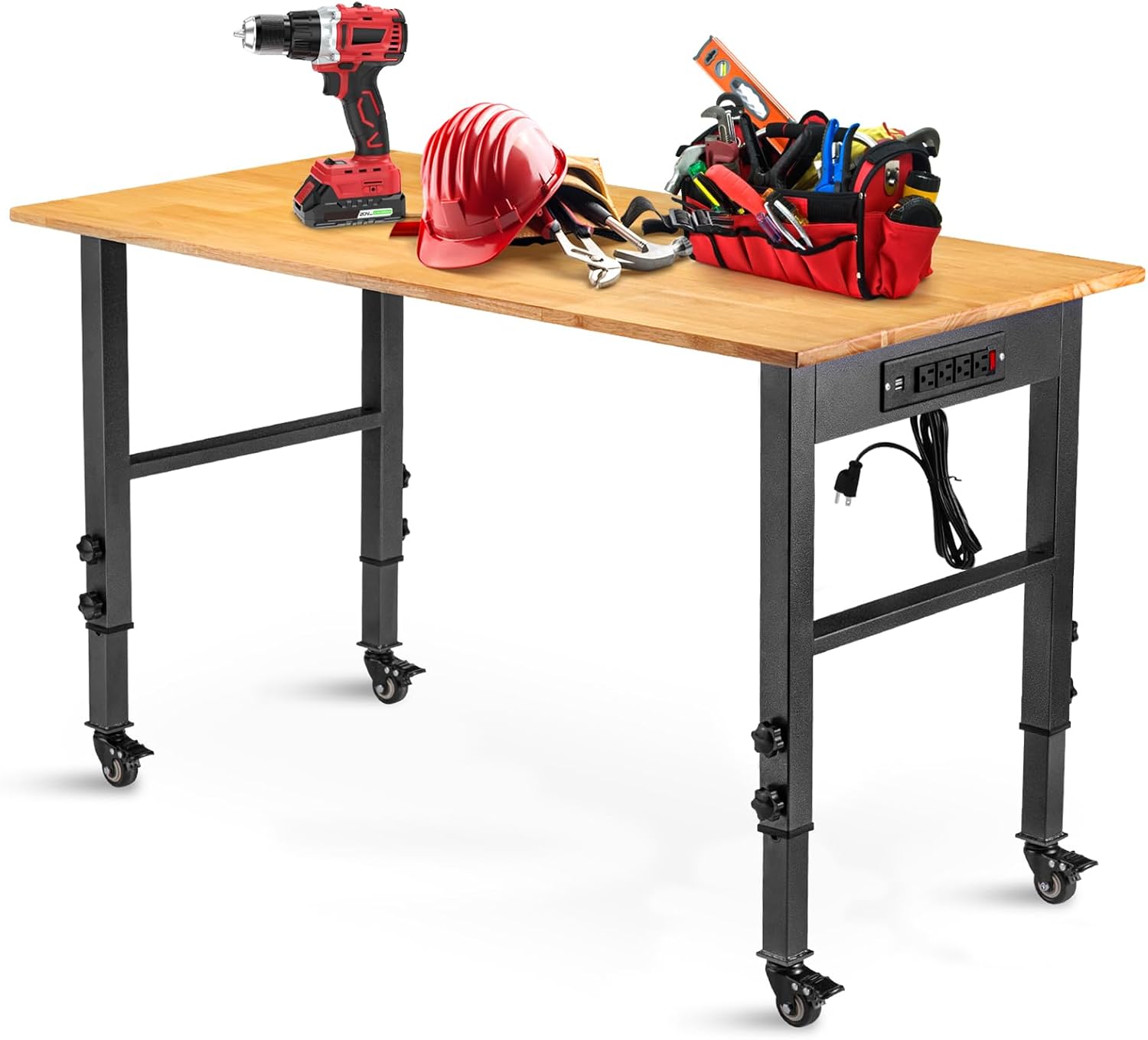 OLBRUS 48 "Adjustable Workbench with Power Outlet, Heavy Duty 2000 LBS Load Capacity Hardwood Workbench Suitable for Workshop, Office, Garage, Home with Wheels