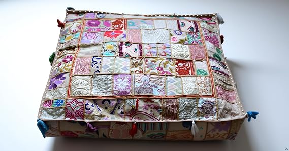 CRAFT KALA Indian Square Patchwork Traditional Pouf Cover Indian Living Room Poufs Decorative Embroidered Designer Ottoman Home Living Footstool Chair Cover Decor Pillow Cover 35 inches, Camel