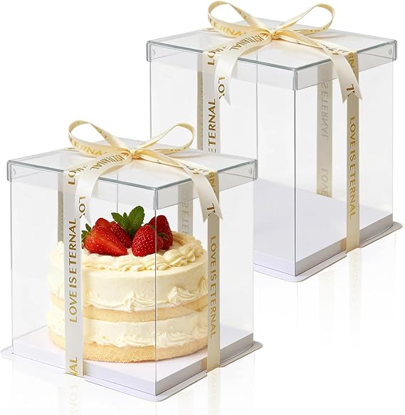 2PCS Cake Box Transparent, 8 Inch Clear Cake Display Box Plastic Gift Boxes Container Packaging with Lid Ribbon for Party Wedding 26 X 26 X 24 cm