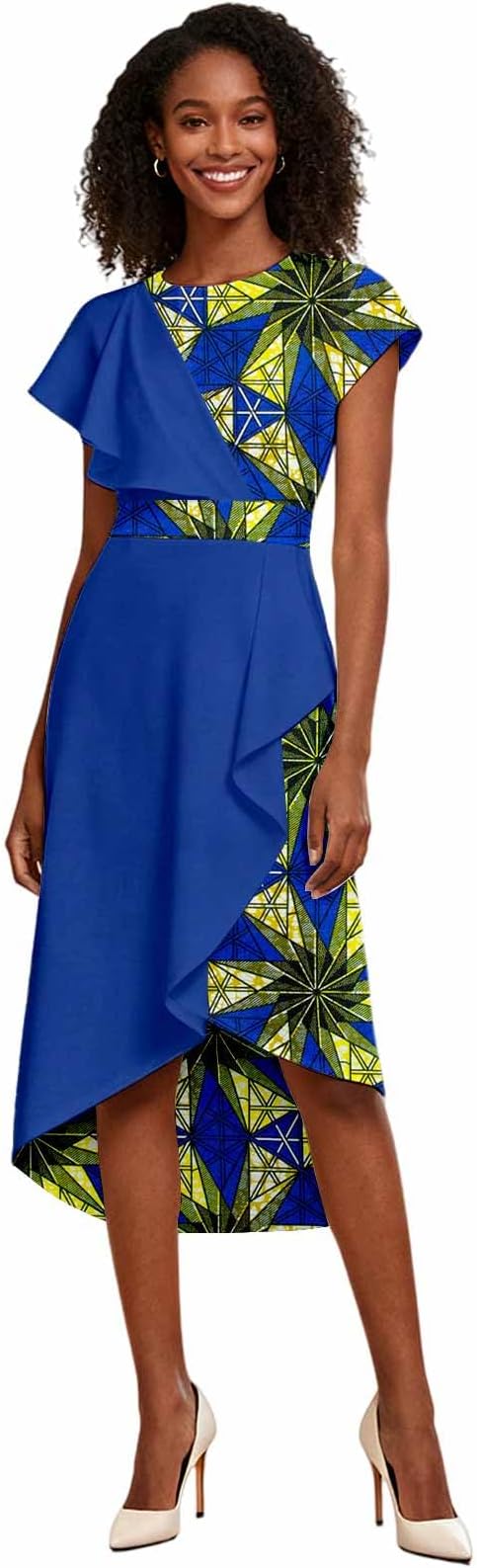 Women's African Dashiki Dress - Ankara Print & Solid Color Block Midi Dress with Asymmetrical Ruffle Hem (XXS-6XL)