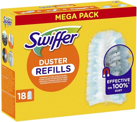 Swiffer Dusterリフィル18本。従来のダスターと比較して3倍のほこりや髪をキャッチして保持します。
