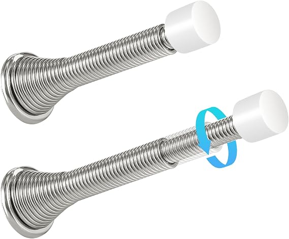 HOMOTEK 2 Pack Telescoping Spring Door Stoppers, Extended from 3-1/8 to 4-1/4 inches Wall Mount Extra Long Door Stops- Flexible Spring Doorstops Wall Protector (Satin Nickel)