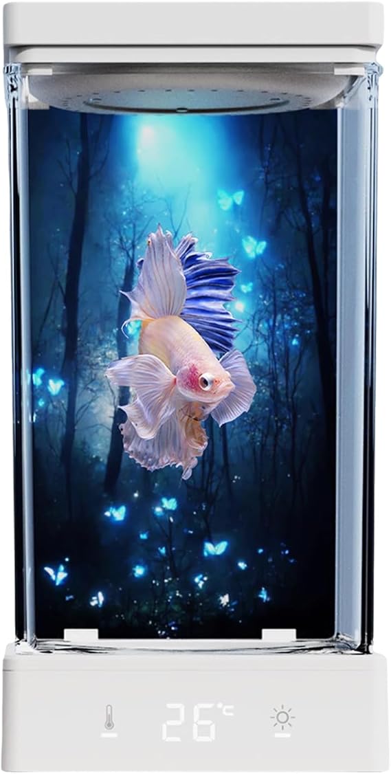 Betta Fish Tank - 1.4L Desktop Mini Aquarium Kit with Bottom Drain, USB Smart Temperature Control, Adjustable LED Lights - Tabletop Betta Aquarium for Home Decor and Office