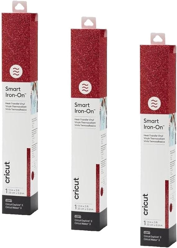 Cricut Smart Iron On, Glitter Red - 3-Pack of 3ft Rolls (13"x36") HTV Heat Transfer Vinyl - Compatible with Cricut Heat Press & Maker 3 / Explore 3 Machines