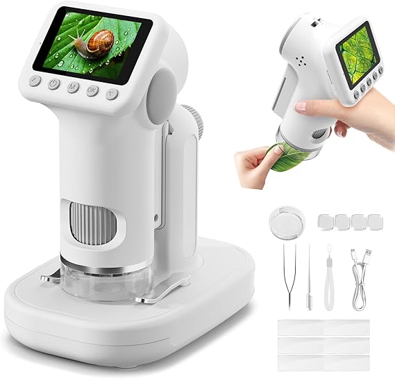 1600X Microscope for Kids, 1080P 2.0" Screen Kids Microscopes with Slides Kit Microscope for Toddlers Christmas Birthday Gifts Toys for 3-14 Year Old Children Students (White)