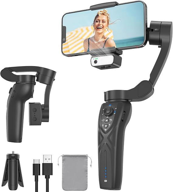 Gimbal Stabilizer for Smartphone, 3-Axis Phone Gimbal Portable and Foldable with AI Tracking Sensor Magnetic Fill Light, Gimbal Stabilizer for iPhone & Android, Phone stabilizer for Video Recording