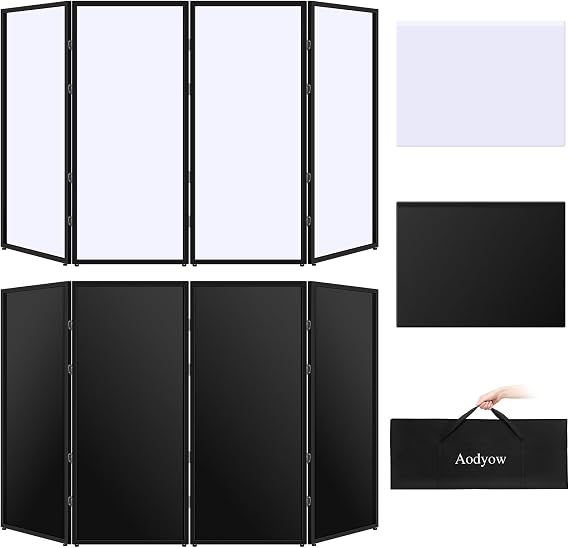 DJ Facade Booth Portable Event Cover Screen-Foldable 4 Detachable Metal Frame Light Projector Display Scrim Panel Stand with Carry Bag for Show,Party,Gathering,DJ Stand(White and Black)