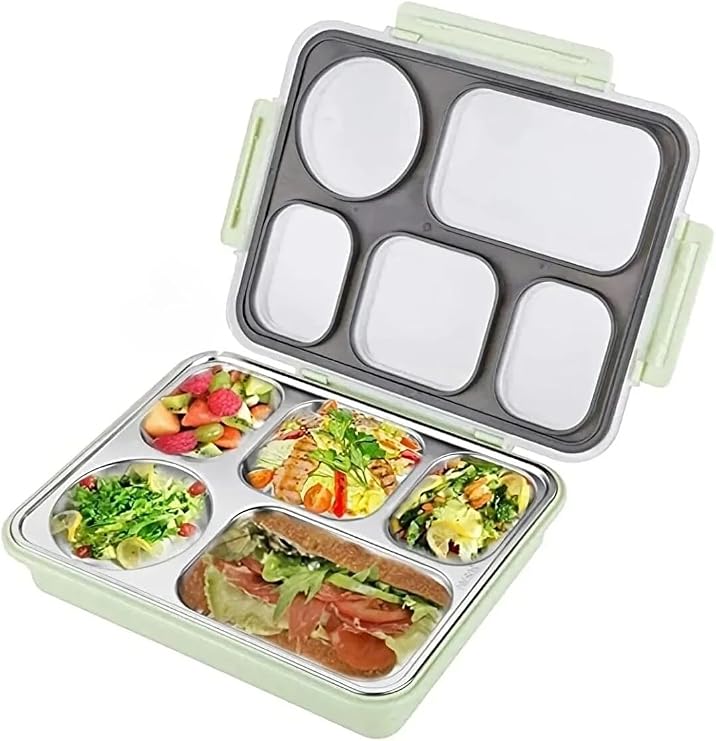 Vagonlife Bento 1600ml Lunchbox Tek Katlı 5 Bölmeli Çelik Sefer Tası Yemek Kutusu (Açık Yeşil)