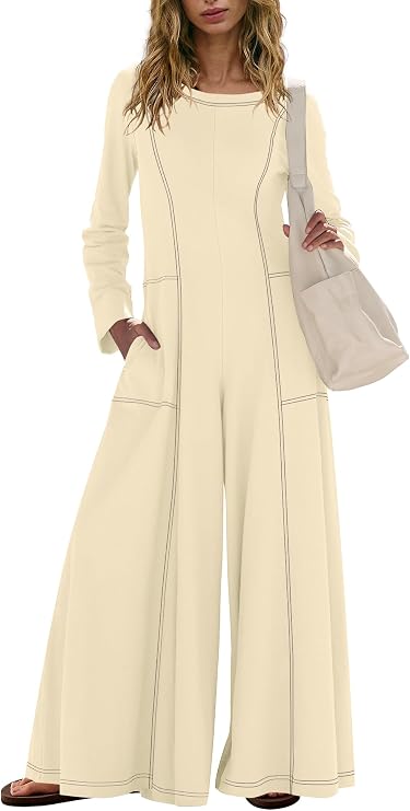 Yanekop Womens Fall Long Sleeve Jumpsuits Dressy Wide Leg Jumpsuits Casual Oversized One Piece Outfits with Pockets