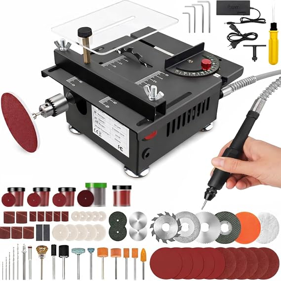Mini Table Saw, Mini Multi Functional Table Saw for Crafts with Full Set of Accessories, 7-Speed Portable Table Saw for DIY, Cutting, Polishing, Engraving, Drilling for Woodworking, Plastic & Acrylic
