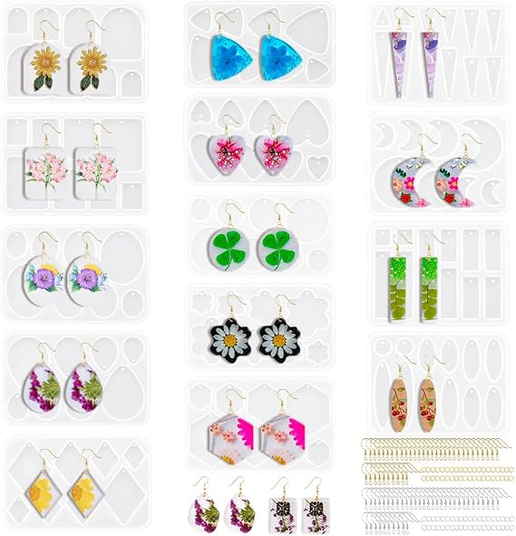 KABAKE Earring Molds Silicone Kit, 174Pcs Resin Jewelry Making Kit Set, Jewelry Casting Mold for Epoxy Resin, Stud Dangle Drop Earrings Molds with Hole