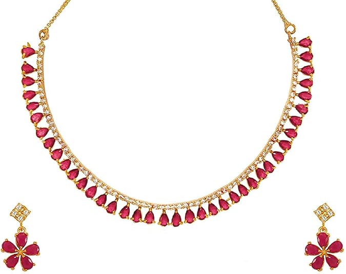 Jewar Indian Necklace Set AD CZ Elegant Gold Plated Sparkling Crystals Choker with Earrings Jewelry for Women | Traditional Ethnic Wear | Perfect for Weddings, Festivals, Parties, and Gifts