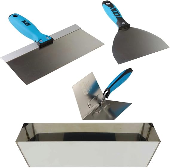 OX Pro Drywall Finishing Tool Set with Stainless Steel Mud Pan, Taping/Joint Knife Combo, Inside Corner Trowel