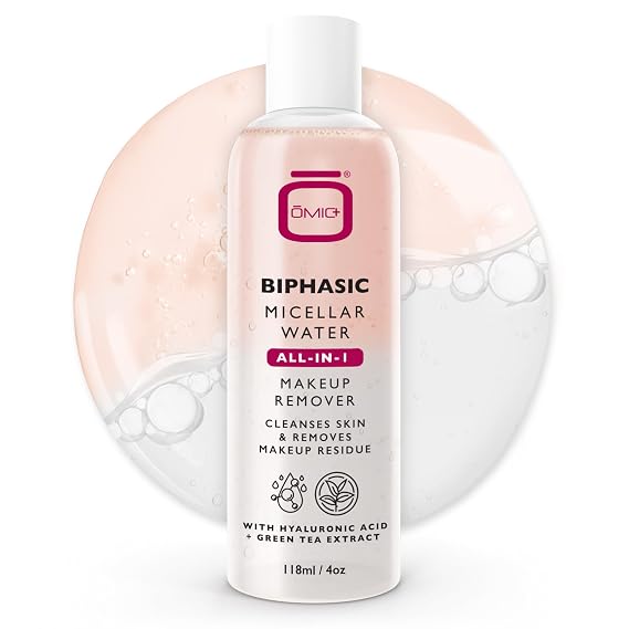 OMIC Biphasic Micellar Water - 4 oz / 118ml - All-in-1 Gentle Makeup Remover & Cleanser - Hydrating Facial Cleanser, Makeup Remover with Hyaluronic Acid and Green Tea Extract for All Skin Types