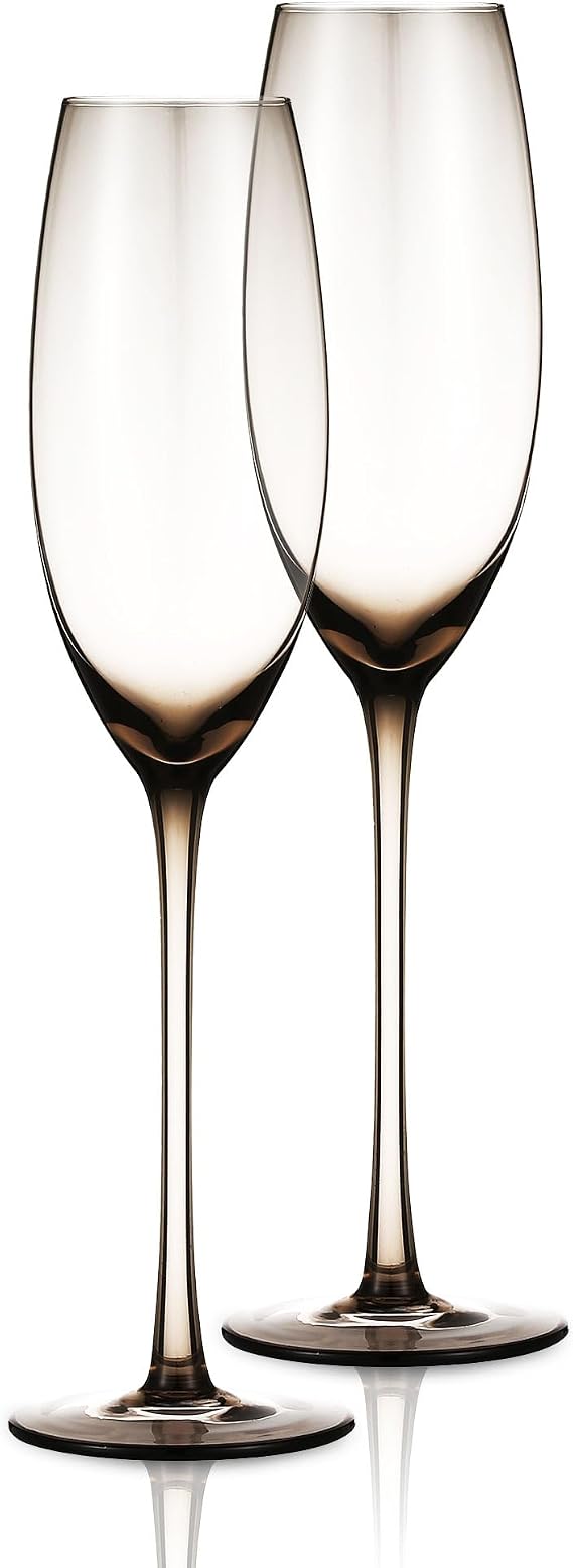 Colored Champagne Flutes Set of 2 - Elegant Champagne Glasses - 7.3oz (Smoke)
