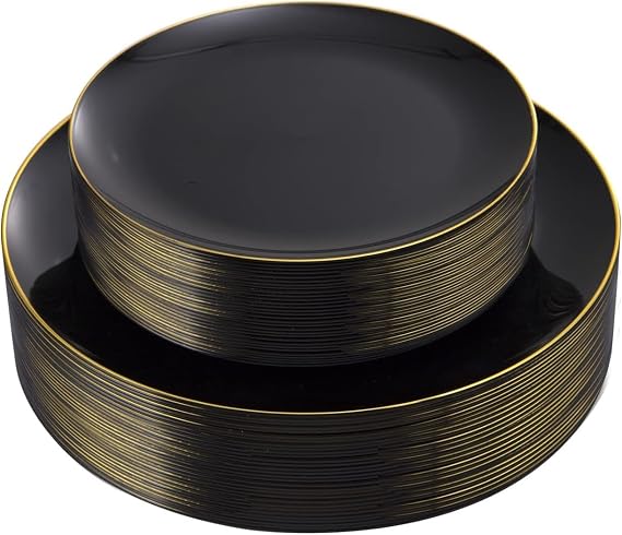 KIRE 60PCS Black Plastic Plates - Black Disposable Plates with Gold Rim - Include 30Pcs 10.25inch for Dinner and 30Pcs 7.5inch for Dessert for Wedding/Graduation/Party