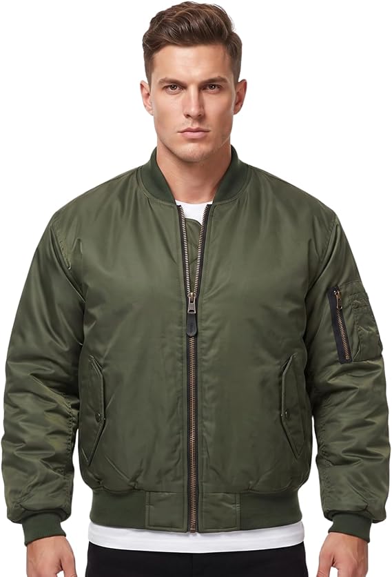 MA1 Bomber Jacket Mens Reversible Pilot Flight Coat Padded Military Air Force Lightweight Retro Biker Outerwear Brass Zip Utility Sleeve Pocket Orange Lining