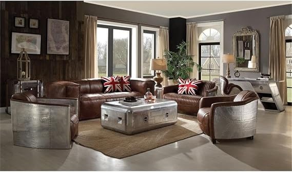 Acme Furniture Brancaster Retro Brown Top Grain Leather and Aluminum Loveseat