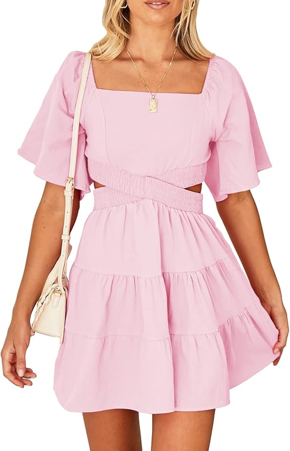 Shy Velvet Women's Summer Dress Square Neck Short Sleeves Crossover Waist Casual Party Mini Dress