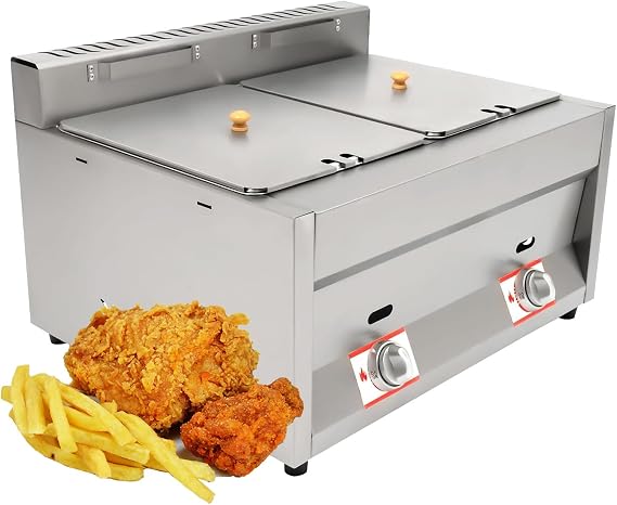 Gas Deep Fryer 2 Tanks Commercial Countertop Gas Fryer 20L Dual Tank Kitchen Frying Machine Stainless Steel Double Fryer for Canteens, Restaurants
