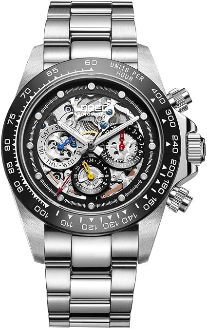 LOREO Mens Automatic Watch Silver Stainless Steel Sapphire Glass Ceramic Bezel Date Military Diving Waterproof Watch