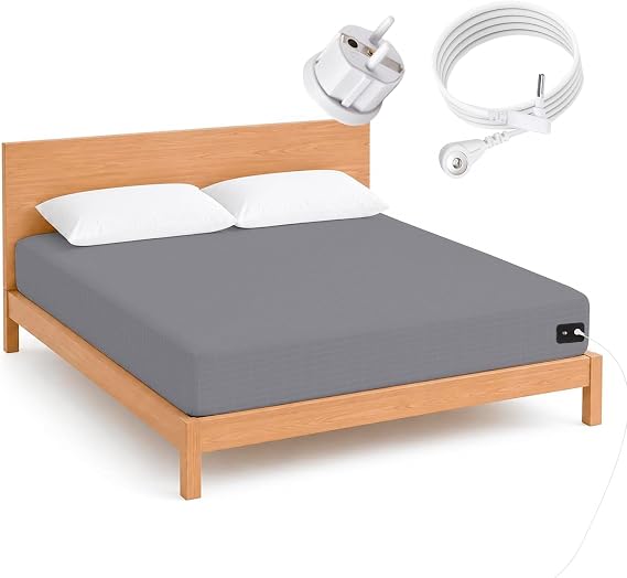 Grounding Fitted Sheets 150 x 200 x 33 cm Grounding Bed Sheet with EU Grounding Cable Grounding Sheet Made of 95% Organic Cotton with 5% Silver Chamfer Grounding Mat for Bed Grey