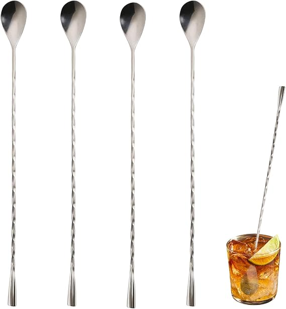 4 PCS Cocktail Stirrers, Stainless Steel Long Bar Spoons, Drink Stirrers with Spiral Pattern Teardrop End Design, for Mixing Cocktails and Lattes, Silver Spoons for Bar and Home Use