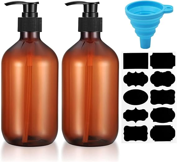 2 Pcs Pump Bottle Dispenser,500ML/17oz Refillable Empty Press Pump Bottles,Plastic Liquid Soap Dispenser Storage Holder Container for Liquid Soap,Lotions, Shampoo,with Funnel, Label Paper(Brown*2)