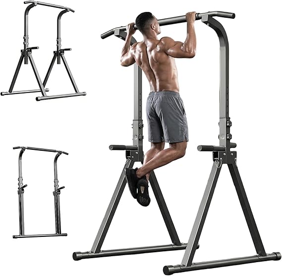 Foldable Power Tower, Pull Up Bar with 11-Height Adjustment(68.9-82.7in), Free Standing Dip Station for Home Gym, Multi-Function Training Equipment for Pull-up, Press-up, Strength Training