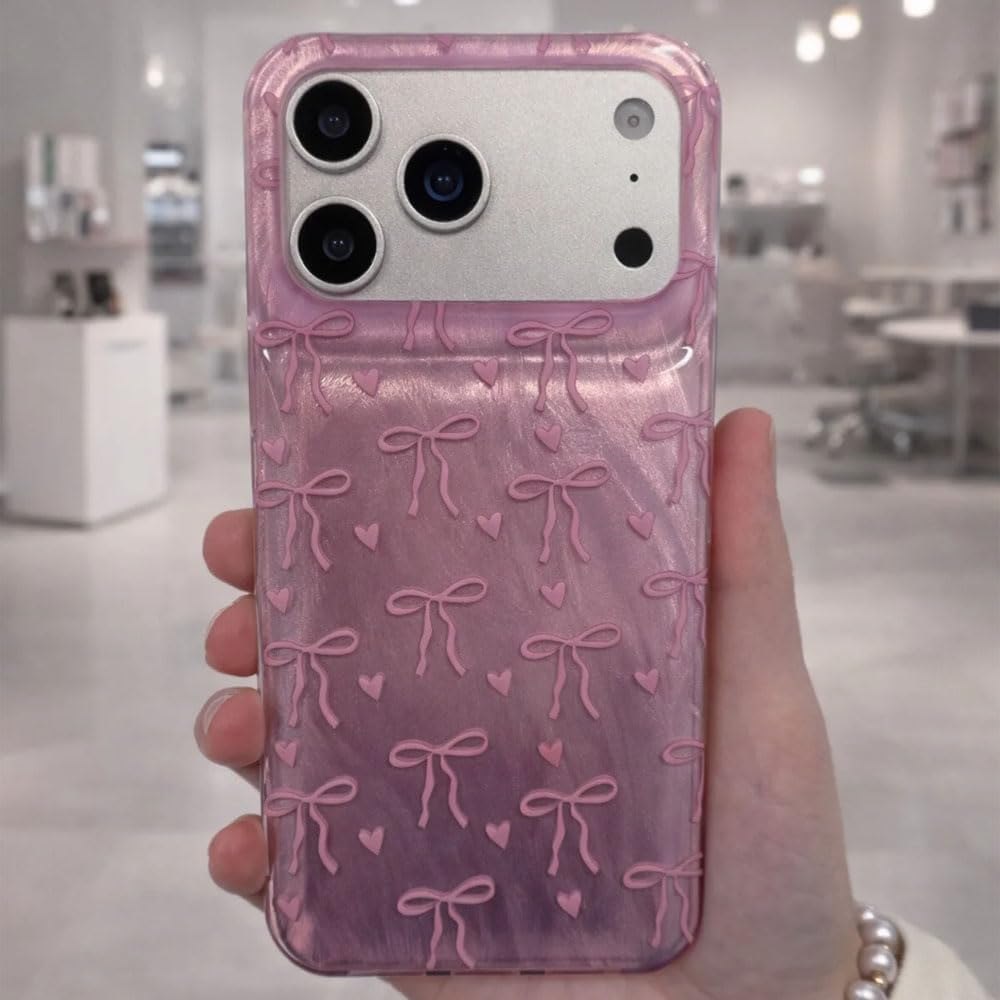 Coverzone İPhone 17 Pro Max İle Uyumlu Yüksek Kalite Özel Tasarım Hologramlı Kurdele Desenli Sert Silikon Şık Telefon Kılıfı Pembe İdb-264
