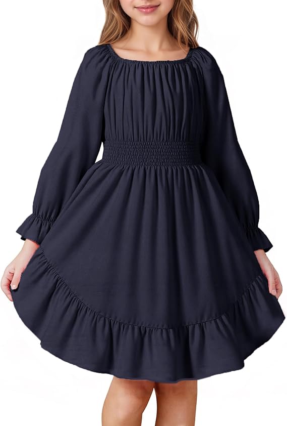 JiAmy Girls' Long Sleeve Smocked Tiered Off-Shoulder Dress 5-13Y