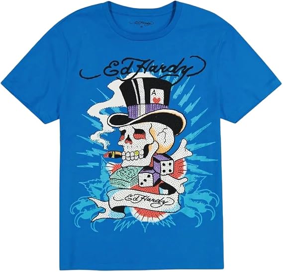 Ed Hardy Skull HAT TEE T-Shirt Capri Blue S
