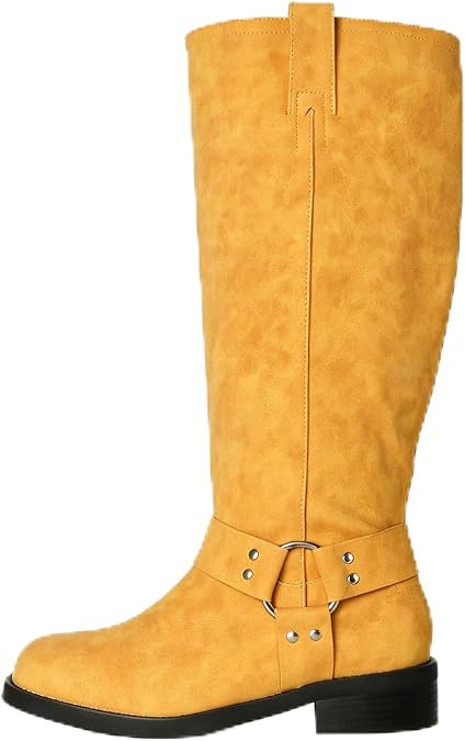 FIFSY Knee High Boots for Women Chunky Heel Buckle Boots Square Toe Pull On Motorcycle Biker Riding Boots Low Heel Tall Booties