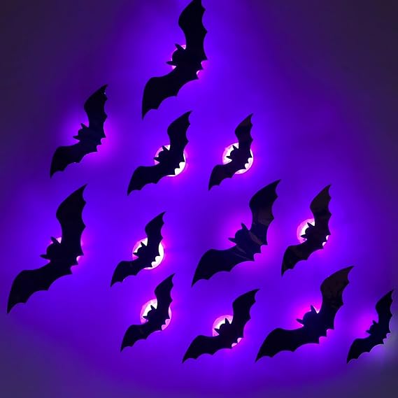 Spider Bat Halloween Decorations - Light Up Bat Wall Stickers with LED, Removable Window Decals for Bathroom, Door, Home, Bedroom Halloween Party 24Bats