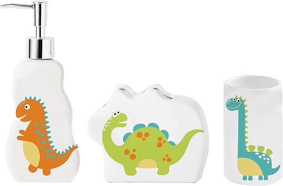 Kids Dinosaur Bathroom Set 3-Piece Fun Bathroom Accessories for Kids, Including Toothbrush Holder, Soap Dispenser, and Cup Adorable Dinosaur Decor for a Playful Bathroom.