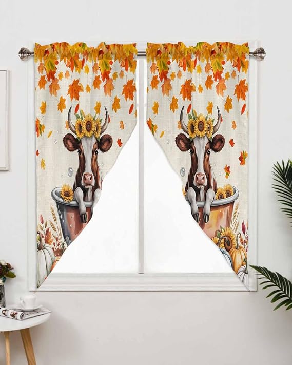 Swag Valance Curtain,Autumn Bathtub Cow Swag Curtains Rod Pocket Valances for Windows,Fall Pumpkin Maple Leaves Topper Curtain Kitchen Valance for Bedroom/Living Room/Bathroom