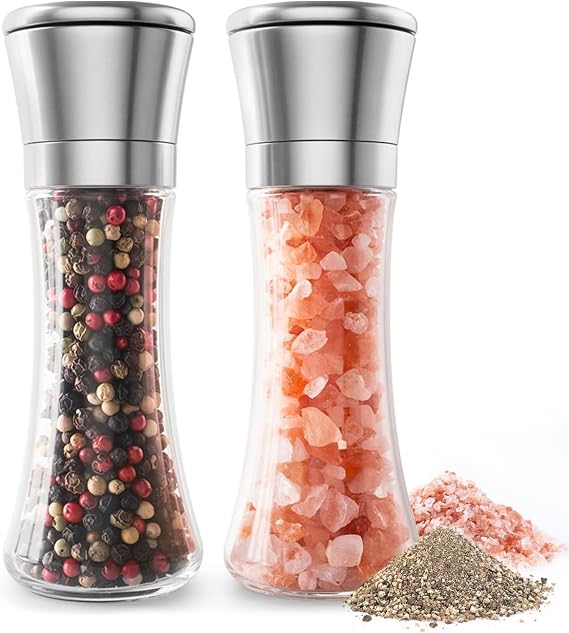 Salt and Pepper Grinder Set, Adjustable Coarseness Coarse, Tall Glass Salt and Pepper Shakers, Kitchen Set, Kitchen Essentials for New Home