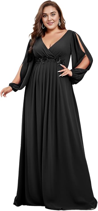 Ever-Pretty Plus Women's Formal Dress Floor Length V Neck Lantern Long Sleeves Applique Plus Size Mother of The Bride Dresses