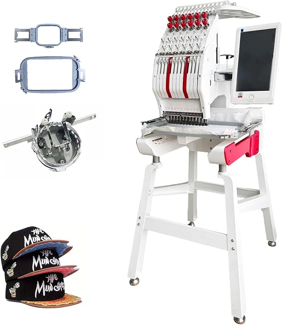 Compact Embroidery Machine with 12 Needles, 1000SPM Max Speed, 10 Touch Screen, 8"x12" Hoop Area, 15 Functions, 13 Languages, Commercial Embroidery Machine for Flat, Hat, T-Shirt,RedB