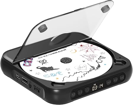 ENVYCLOUD CD Player Portable with Dual Stereo Speakers, Rechargeable Portable Player with Bluetooth for Home with Headphones, Support CD/AUX/USB,Black