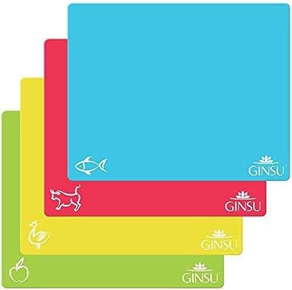 Ginsu Flexible Plastic Cutting Boards - Extra Thick 1.2mm Dishwasher Safe BPA Free - Colorful Cutting Mats with Slip Resistant Waffle Back (Set of 4)