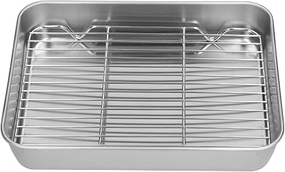 Stainless Steel Roasting Pan with Rack, Rectangular Baking Tray Set for Cooking and Baking, 10.4 x 8.1 x 2 Inches