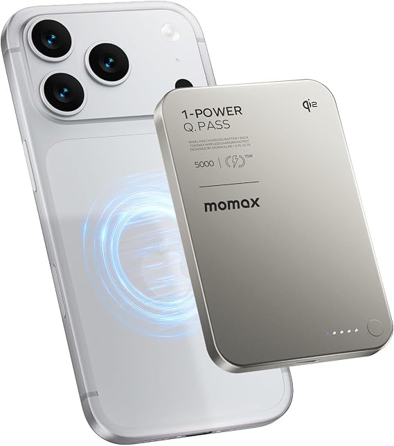 MOMAX (2026 NEW) Q.Pass Magnetic Power Bank, Qi2 Certified 15W Slim Power Bank Fast Charging, 5000mAh for Magsafe Portable Charger for iPhone Air Battery Pack/17/Pro/Max/16/15/14/13/12 (No Lightning)