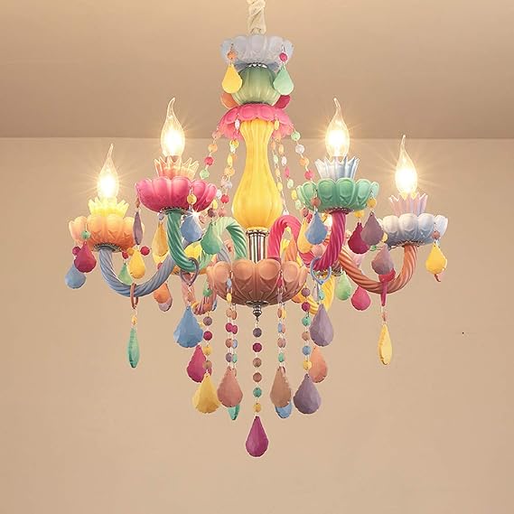 LAKIQ Colorful Crystal Hanging Chandelier Light Fixture 6 Blubs European Girls Room Pendant Ceiling Lighting Candle Chandelier for Girls Bedroom Living Room Dining Room Coffee Shop (Style B)