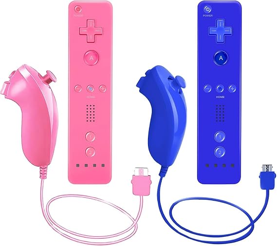 AUFGLO Wii Remote Controller and Nunchuck Controllers compatible with Wii/Wii U, including silicone case and wrist strap(pink+blue)