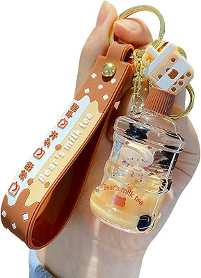 HSYHERE Men Women Creative Interesting Floating Milk Tea Brown Bear Lucky Bottle Keychain Keyrings
