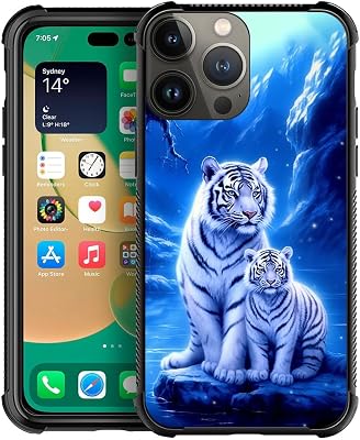 CARLOCA Compatible with iPhone 14 Pro Case,White Tigers Blue Dream iPhone 14 Pro Cases Graphic Design Shockproof Anti-Scratch Drop Protection Case